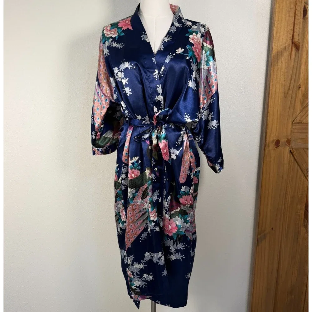 Sam Well Womens M Satin Kimono Robe Navy Peacock Floral Belted Asian Inspired